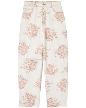 Ganni Floral Printed Stary Jeans - White