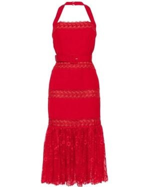 Self-Portrait Lace-Panelled Belted Midi Dress - Red