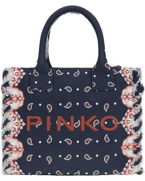 Pinko Logo Embroidered Medium Beach Shopping Bag - Blue
