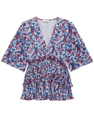 Ganni Top With Floral Motif - Blue