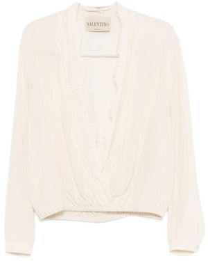 Valentino Lace Neck Long-Sleeved Blouse - Natural