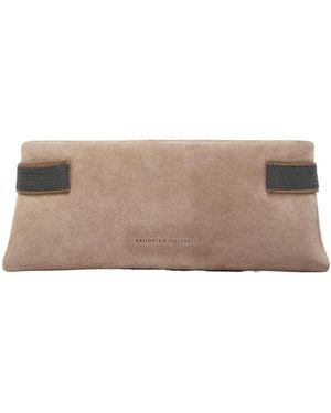 Brunello Cucinelli Bead Embellished Suede Clutch - Grey