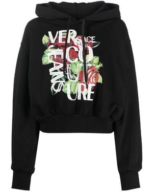 Versace Jeans Couture Cropped Logo-Print Cotton Hoodie - Black
