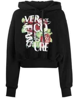 Versace Jeans Couture Cropped Logo-Print Cotton Hoodie - Black