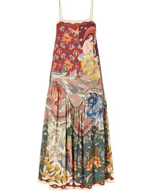 FARM Rio Lunar Boho Bead-Embellished Gathered Printed Satin Midi Dress - White