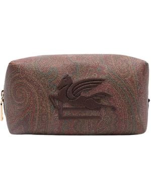 Etro Pegaso Embroidered Zip-Up Wash Bag - Brown