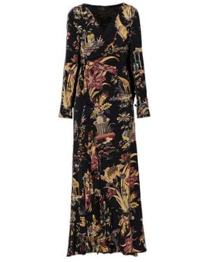 Etro Long Jersey Wrap Dress With Flower And Animal Motif - Black