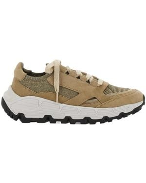 Brunello Cucinelli Sparkling Knit And Suede Runner Trainer With Beadwork - Metallic