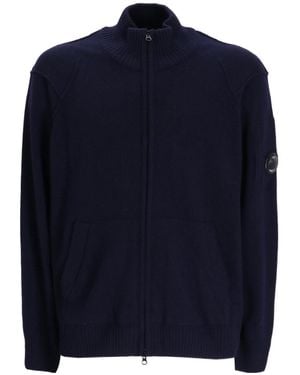 C.P. Company Lens Detailed Zip-Up Knitted Cardigan - Blue