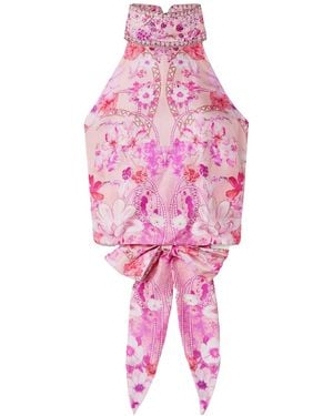 CAMILLA Cropped Crystal-Embellished Printed Silk Halterneck Top - Pink