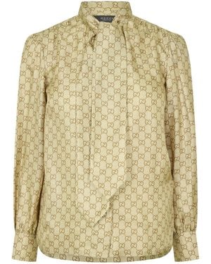 Gucci Printed Lace-Up Stand-Up Collar Long-Sleeved Shirt - Natural