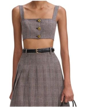 Self-Portrait Checked Cropped Top - Brown
