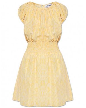 KENZO Gingham Snakeskin-Print A-Line Dress - Yellow