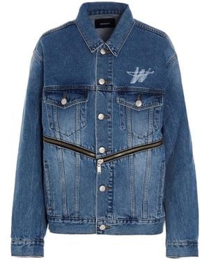 we11done Logo-Print Zip-Detail Denim Jacket - Blue