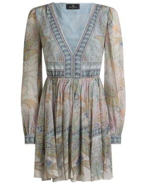 ETRO MINI DRESS ミニ シルクジョーゼット ETRO Belted ruffled floral-print metallic silk crepe de