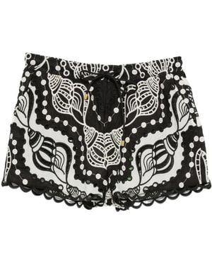 FARM Rio Scallop-Edge Seashell-Print Shorts - Black