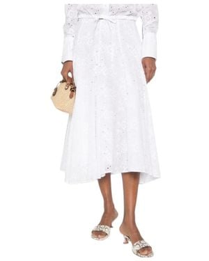 Tory Burch Broderie-Anglaise Drawstring-Waist Midi Skirt - White