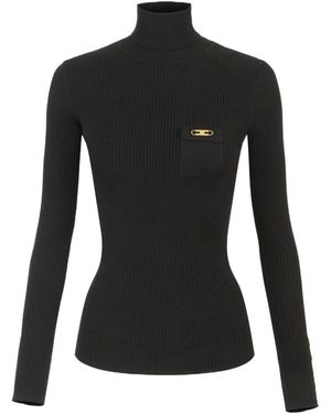 Elisabetta Franchi Breast Pocket Ribbed Knit Top - Black