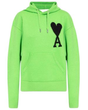 Ami Paris Ami De Coeur Wool Knitted Hoodie - Green