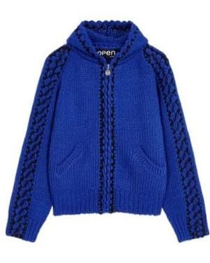 OPEN YY Stitch Zip-Up Knit Hoodie - Blue