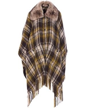 Moncler Grenoble Checked Fringed Edge Cape - Brown