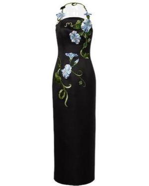 Leo Floral-Appliqué Halterneck Gown - Black