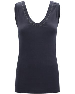 Brunello Cucinelli Embellished Ribbed Cotton Tank Top - Blue
