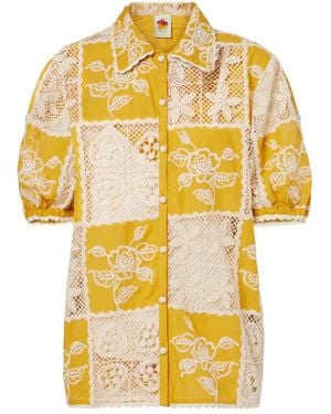 FARM Rio Embroidered Lace-Trimmed Cotton Shirt - Yellow