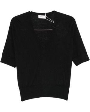 Soft Goat V-Neck Short-Sleeved Knit Top - Black