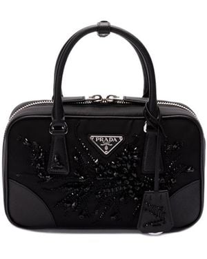 Prada Logo Plaque Zip-Up Tote Bag - Black