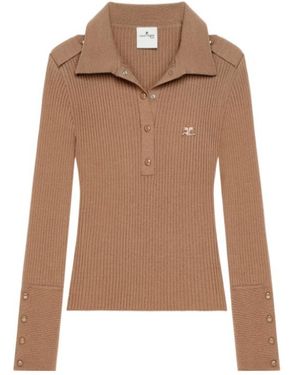 Courreges Rib-Knit Long-Sleeve Polo Shirt - Brown