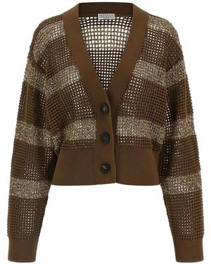 Brunello Cucinelli Open-Knit Striped Cardigan - Brown