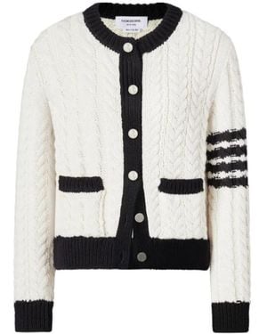 Thom Browne Merino-Wool 4-Bar Aran-Cable Cardigan - White