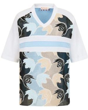 Marni Embroidered Panel V-Neck T-Shirt - Blue