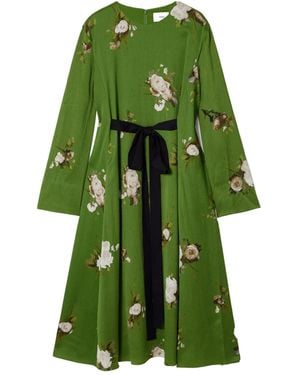 Erdem Bow-Detailed Floral-Print Plissé-Satin Midi Dress - Green