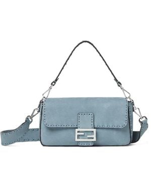 Fendi Aguette Mercury Nubuck Leather Selleria Bag With 612 Hand-Sewn Topstitches - Blue