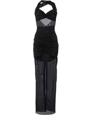 Alessandra Rich Ruched Sheer Mesh Maxi Dress - Black
