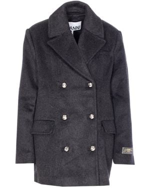 Ganni Double Breasted Long Sleeved Jacket - Blue