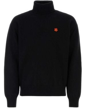 KENZO Boke Flower Embroidered Roll-Neck Knit Jumper - Black