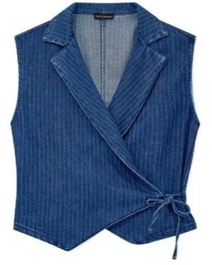 Emporio Armani Pinstriped Denim Wrap Waistcoat With Lapels And A Side Tie - Blue