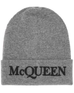 McQueen Logo Embroidered Knitted Beanie - Grey
