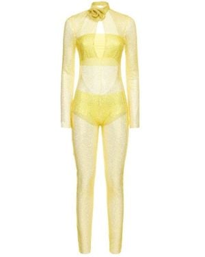 GIUSEPPE DI MORABITO Embellished Stretch Mesh Jumpsuit - Yellow