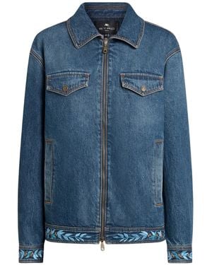 Etro Embroidered Zip Denim Jacket - Blue