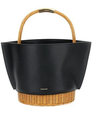Sacai Logo Printed Woven Handle Bucket Bag - Black