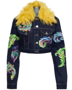 Area Mohair-Trimmed Cropped Denim Jacket - Blue