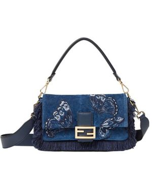 Fendi Butterfly Fringe Baguette Tote Bag - Blue
