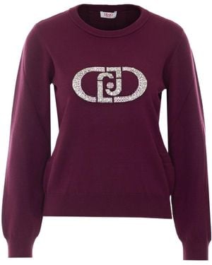 Liu Jo Crystal-Logo Crew-Neck Sweater - Purple