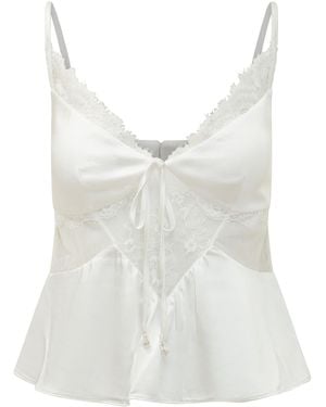 Self-Portrait Lace-Trim Peplum Satin Top - White