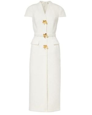 Oscar de la Renta Embellished Belted Tweed Midi Dress - White