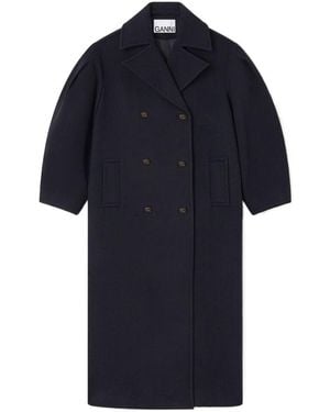 Ganni Double-Breasted Long Coat - Blue